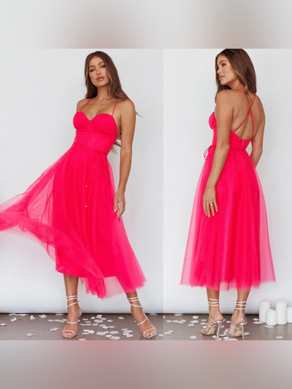 Saints & Secrets Smitten Sweetheart Neckline Chiffon Midi Dress Fuchsia Size Med